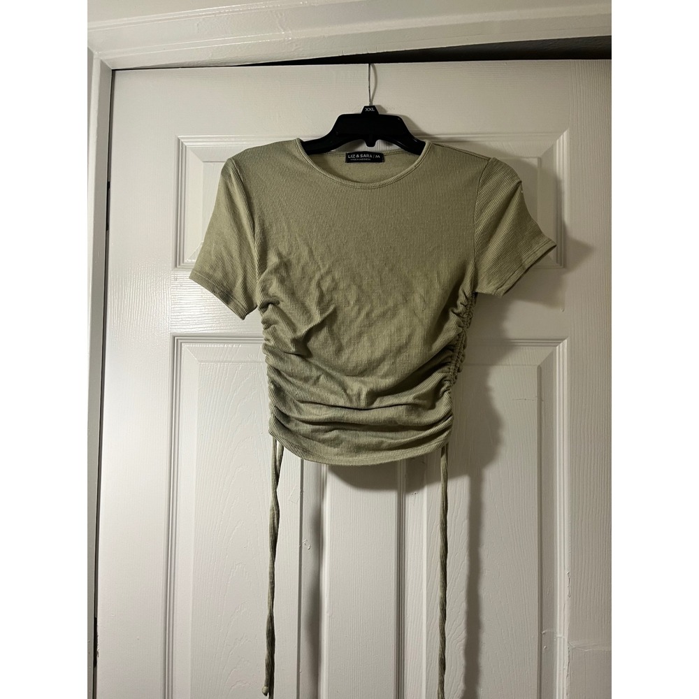Liz & Sara Sage Green Ribbed Ruched Side Drawstring Crop‎ Top Womens Medium